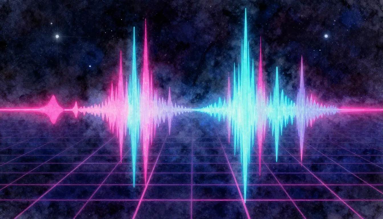 Watercolor style. Abstract glowing radio waves in dark neon ...