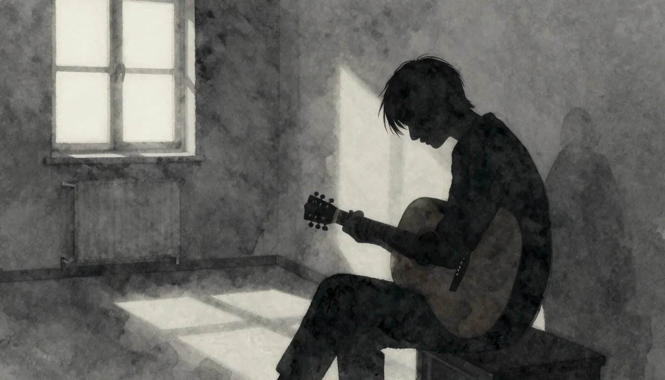 Watercolor style. A silhouette of a person sitting in a diml...