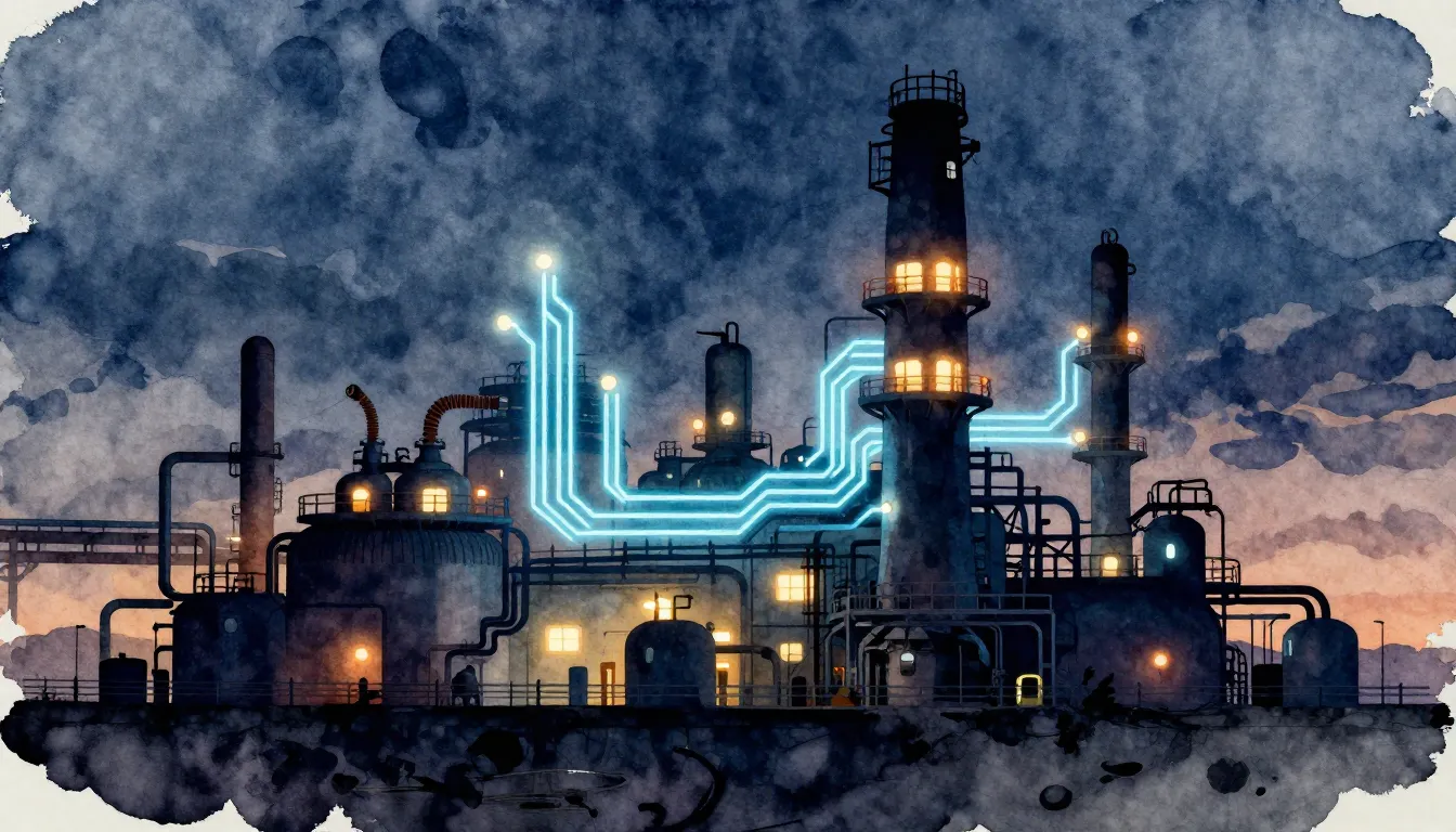 Watercolor style. Silhouette of a modern industrial facility...