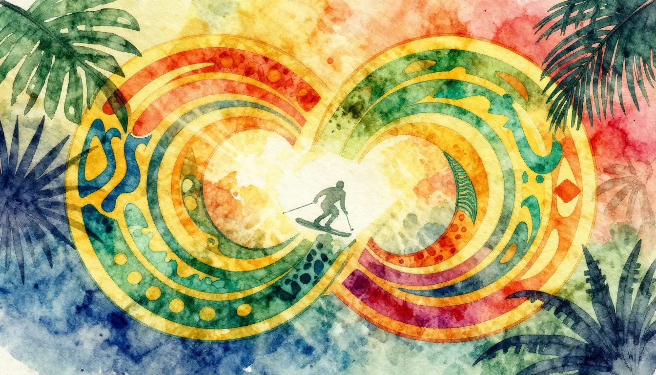 Vibrant watercolor style. Reggae album cover, two intertwine...