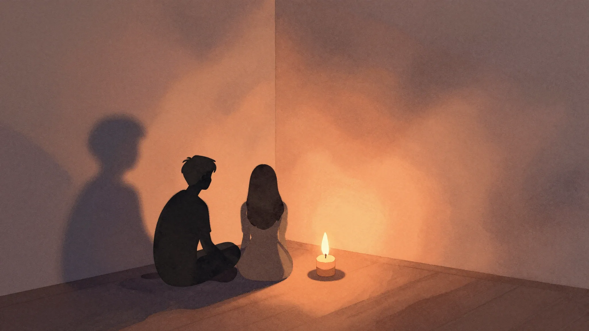 Watercolor style. Silhouette of two figures near a small can...