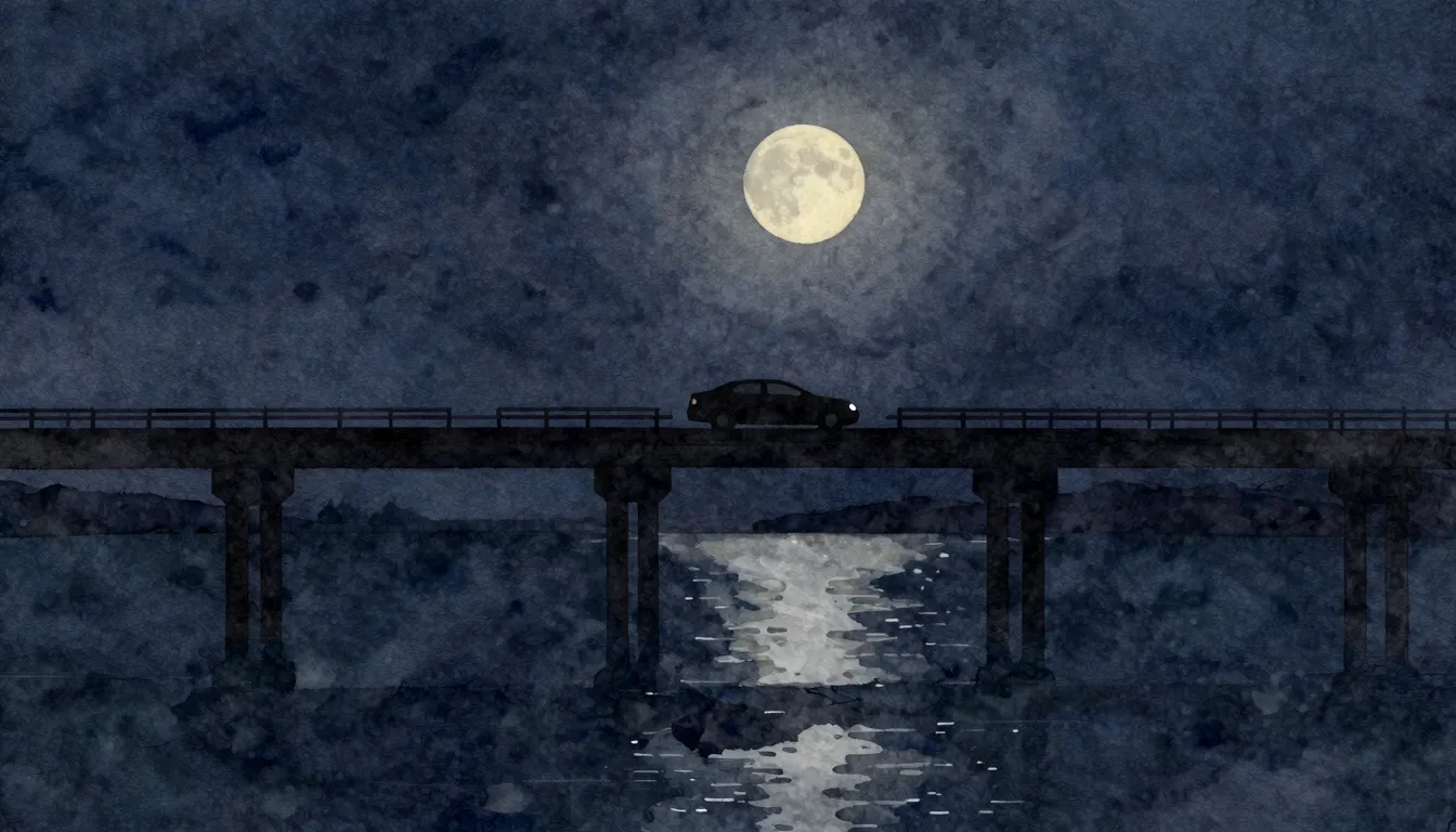 Watercolor style. A silhouette of a car driving over a long ...