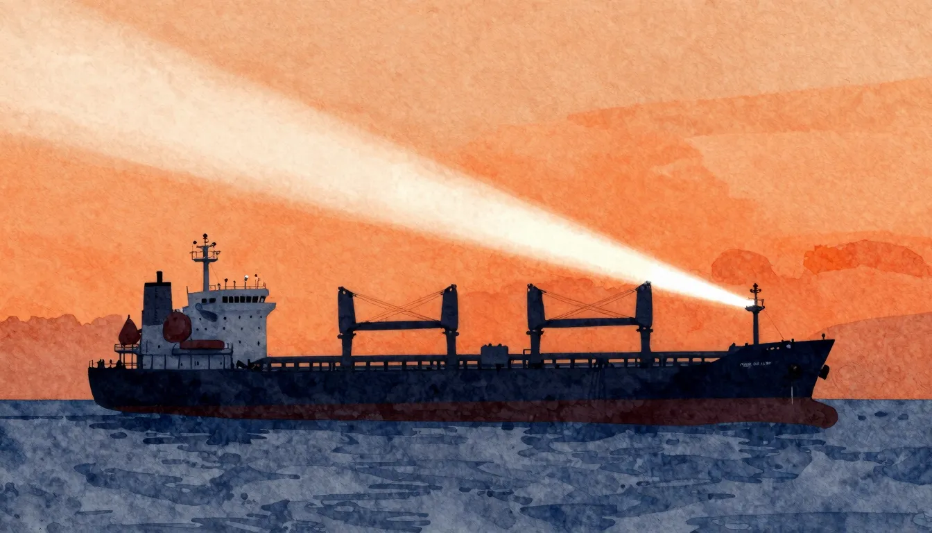 Watercolor style. Silhouette of a large cargo ship on a calm...