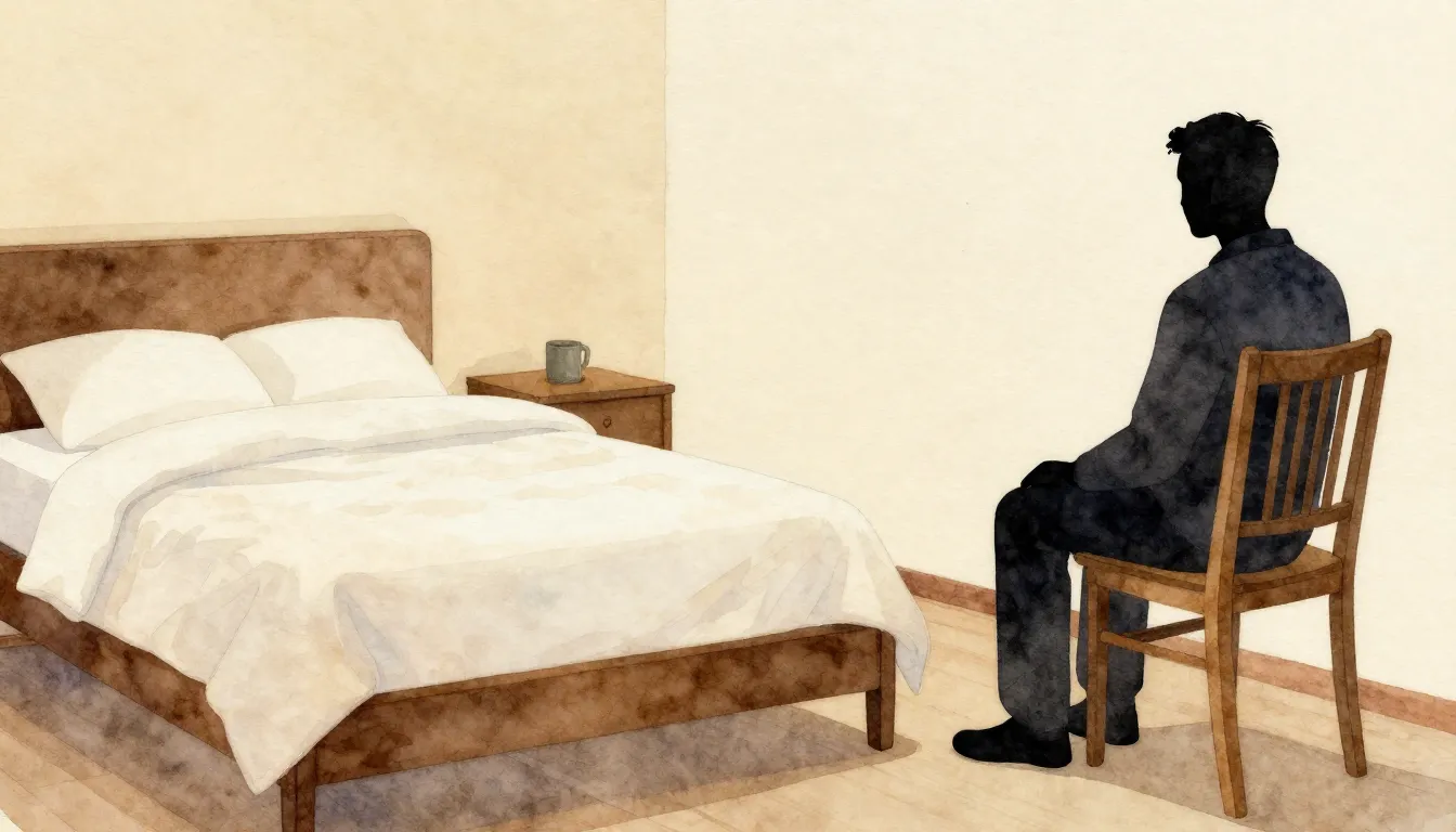 Watercolor style. Cozy bedroom interior, soft warm lighting,...