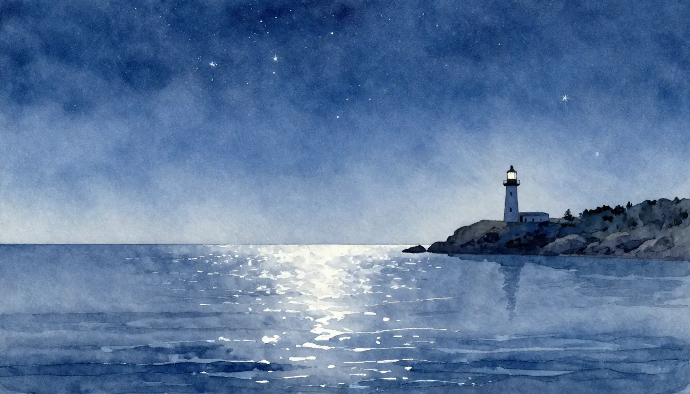 Watercolor style. A calm ocean at night under a clear starry...