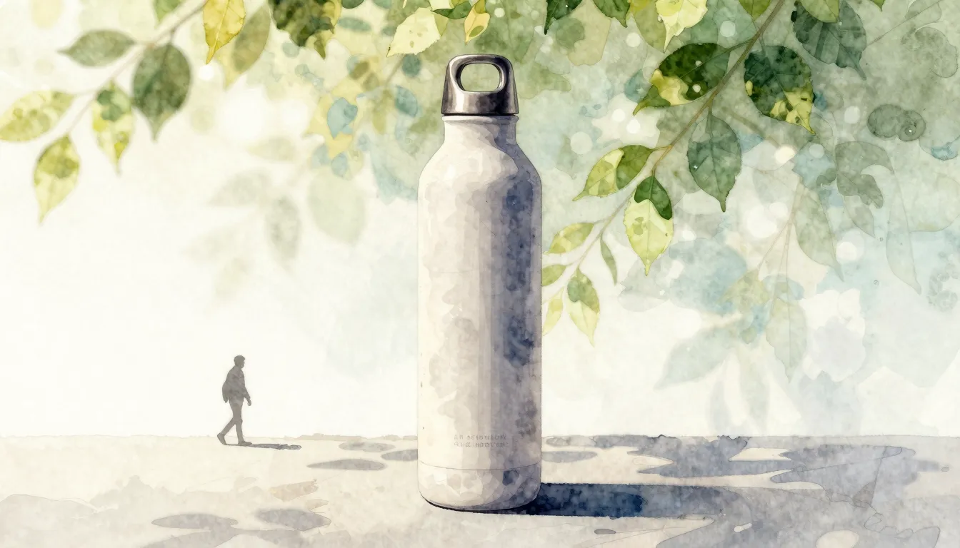 Watercolor style. A stylish reusable water bottle standing o...