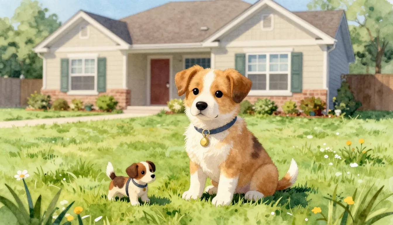 Watercolor style. A cute puppy sitting on a green lawn in fr...