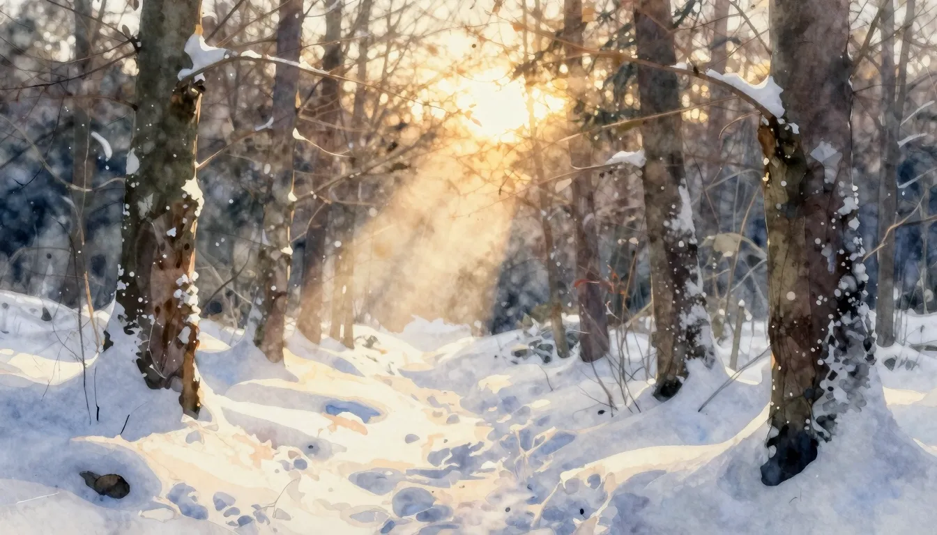 Watercolor style. A gentle sun ray piercing through melting ...