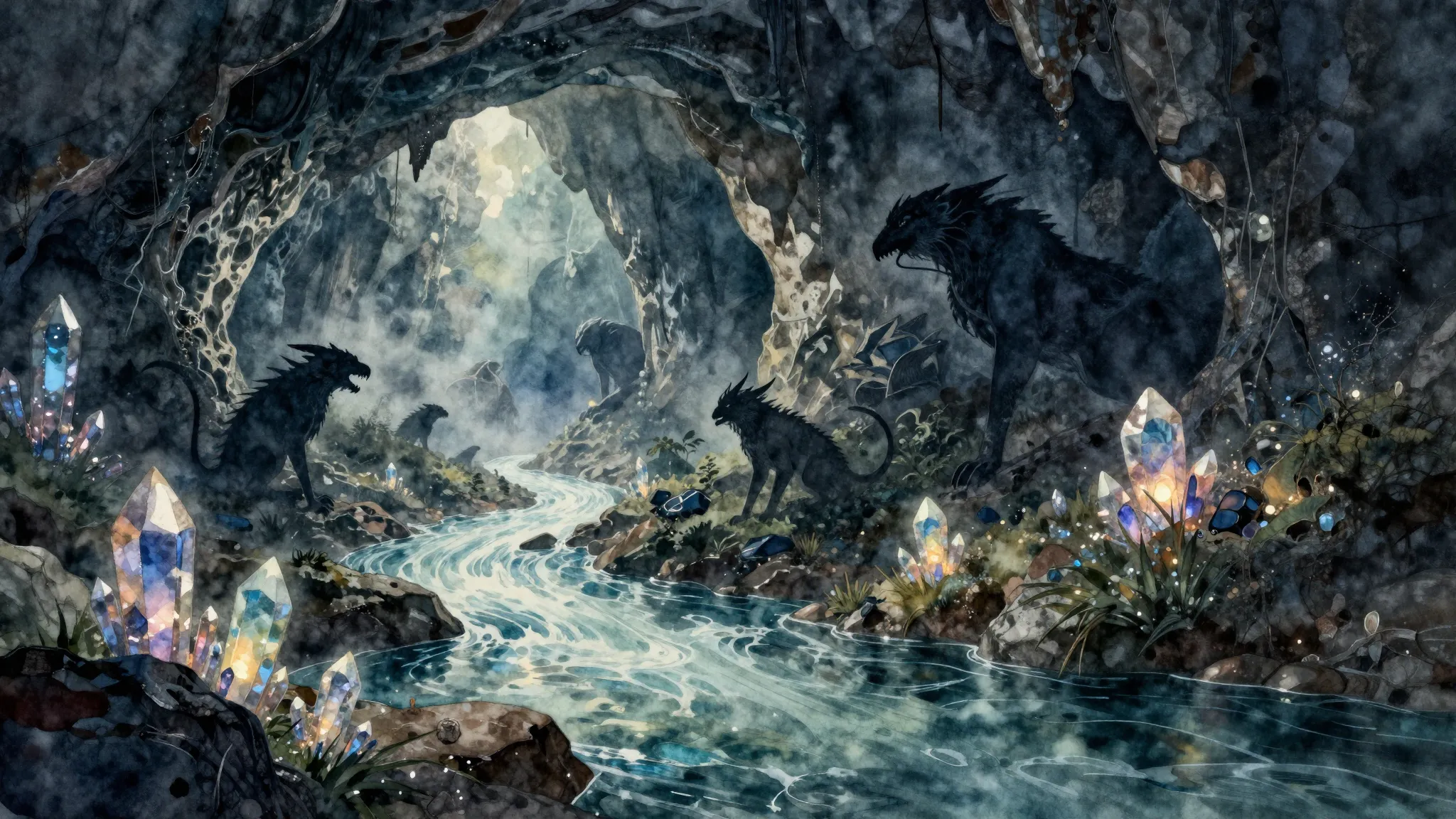 Watercolor style. A mystical underground river flowing throu...