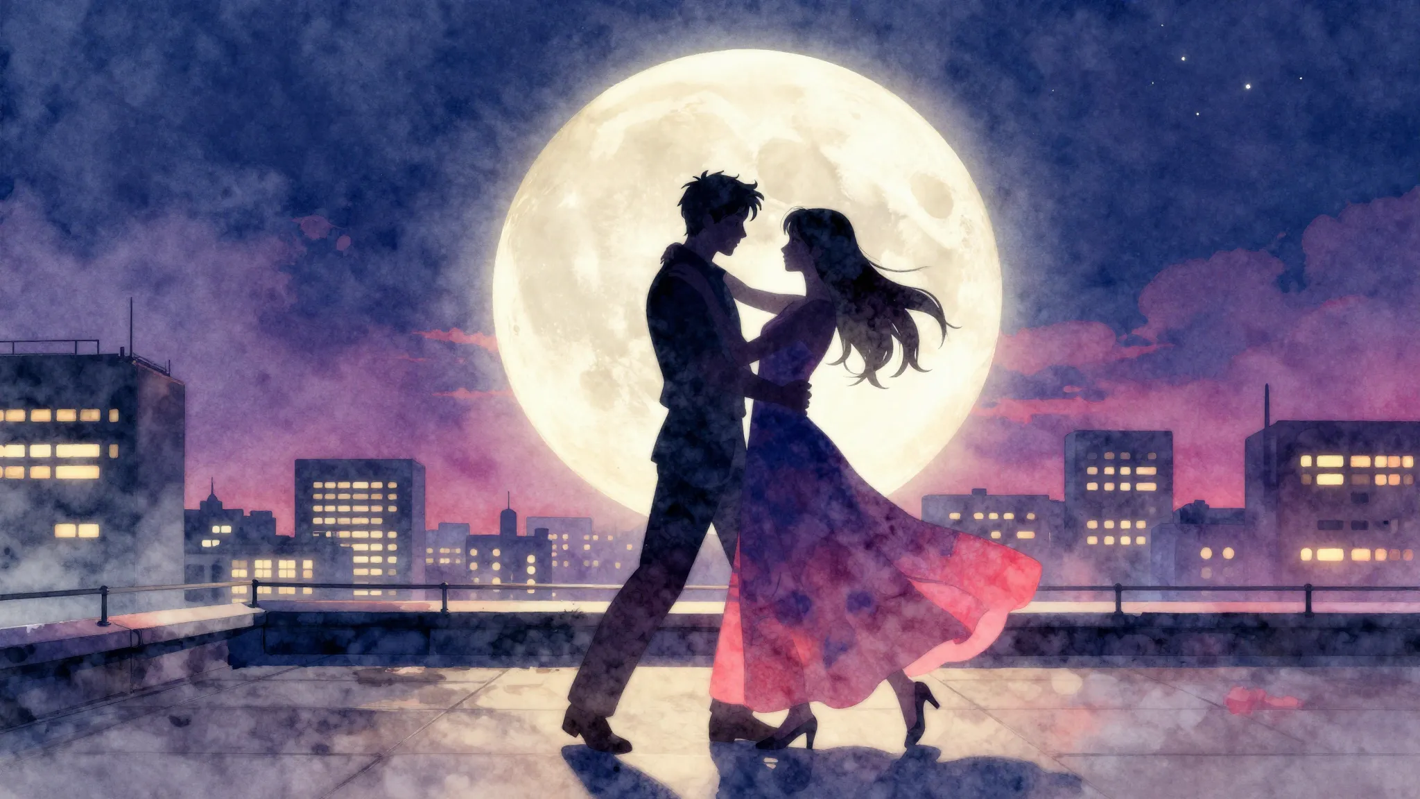 Watercolor style. Silhouette of a couple dancing on a roofto...