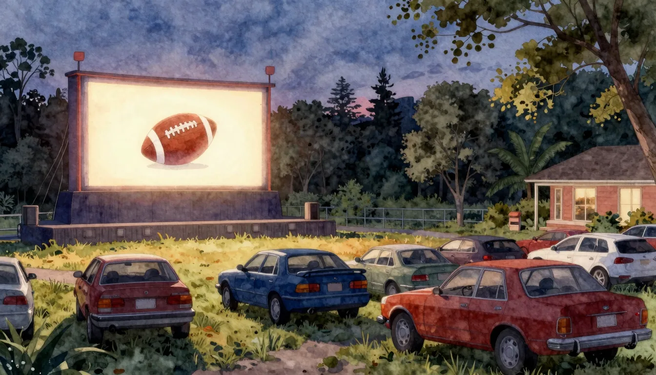 Watercolor style. Drive-in theater at twilight, a glowing sc...