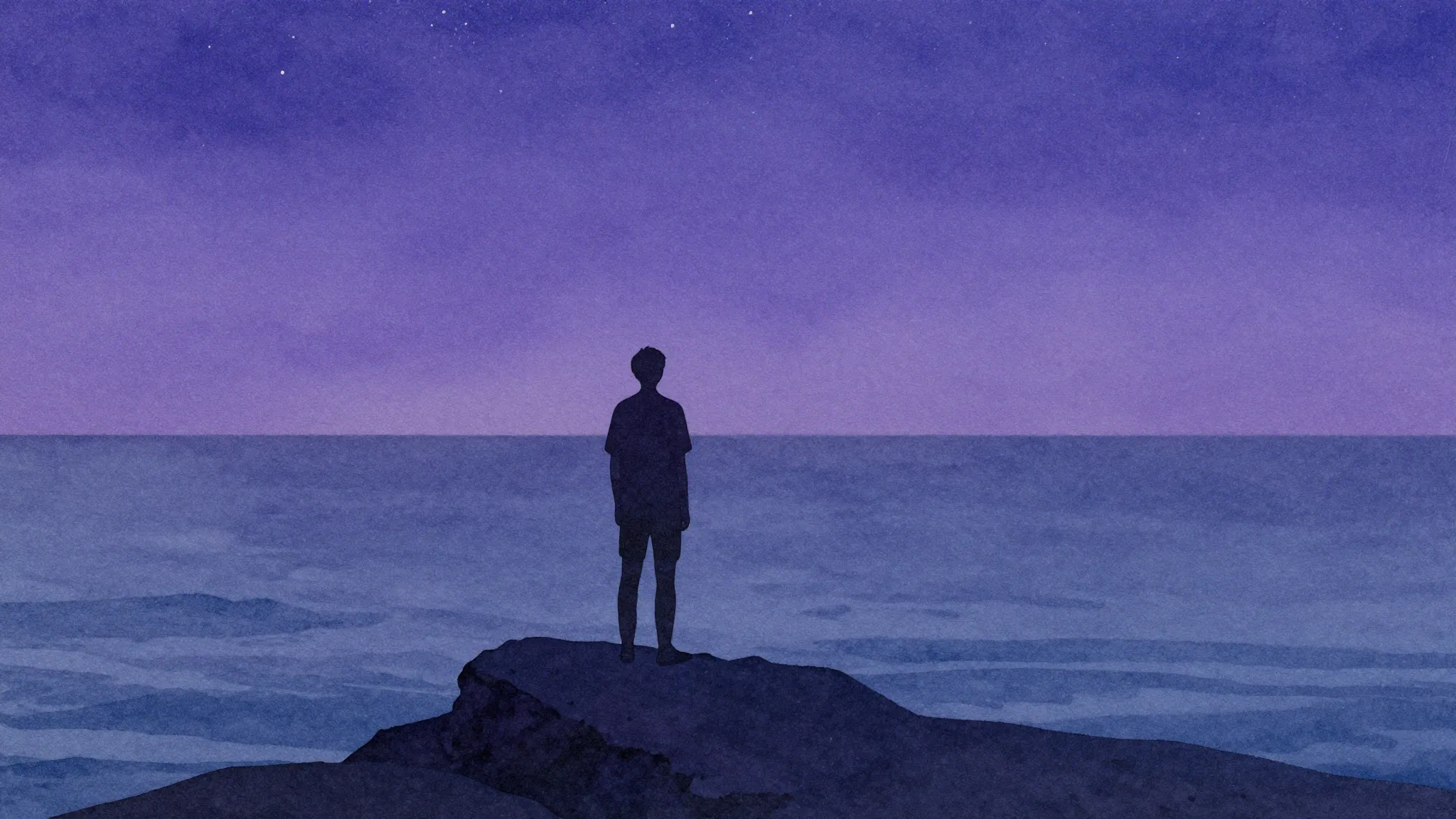 Watercolor style. A dark silhouette of a person standing on ...