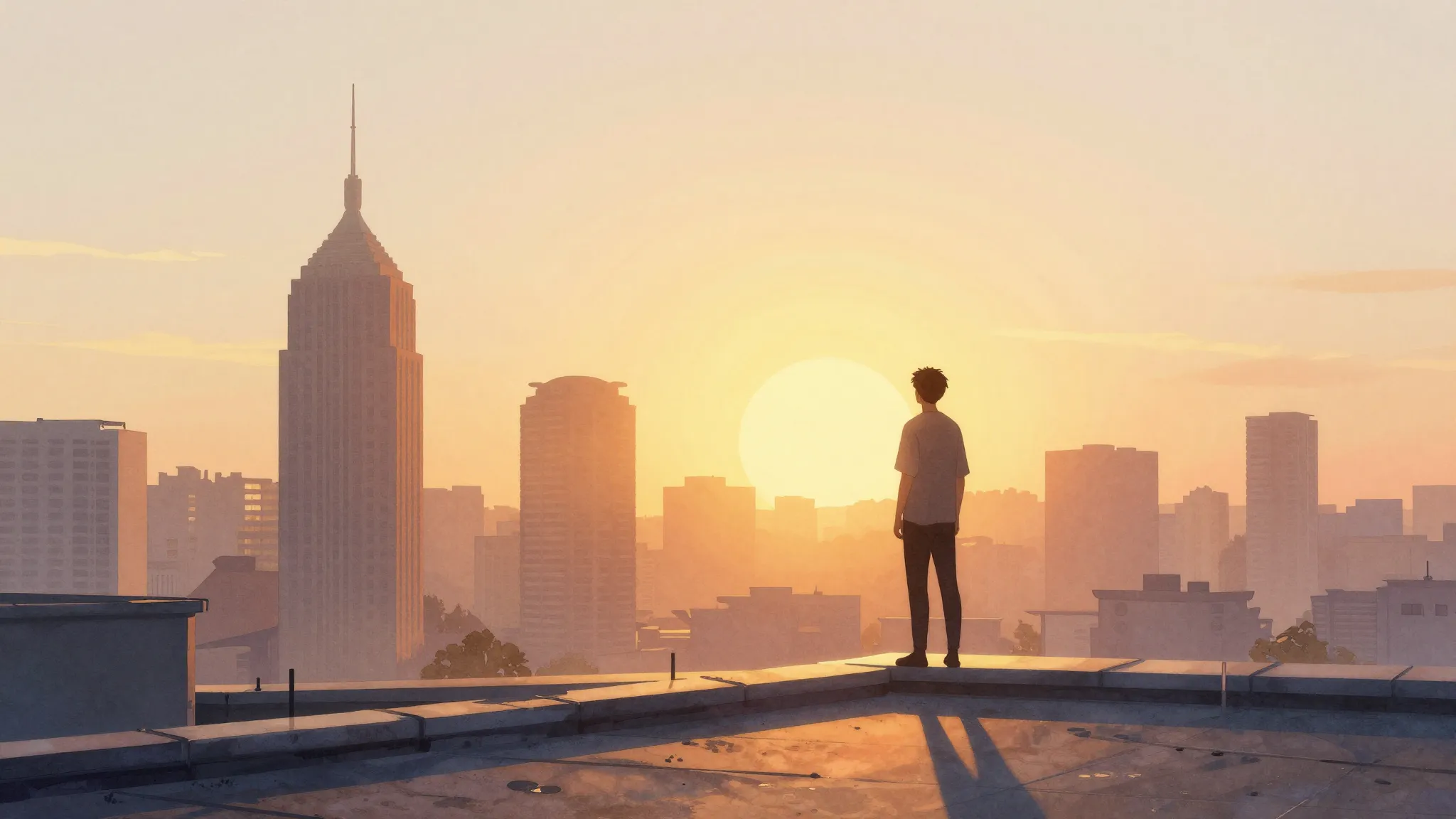 Watercolor style. Silhouette of a person standing on a rooft...