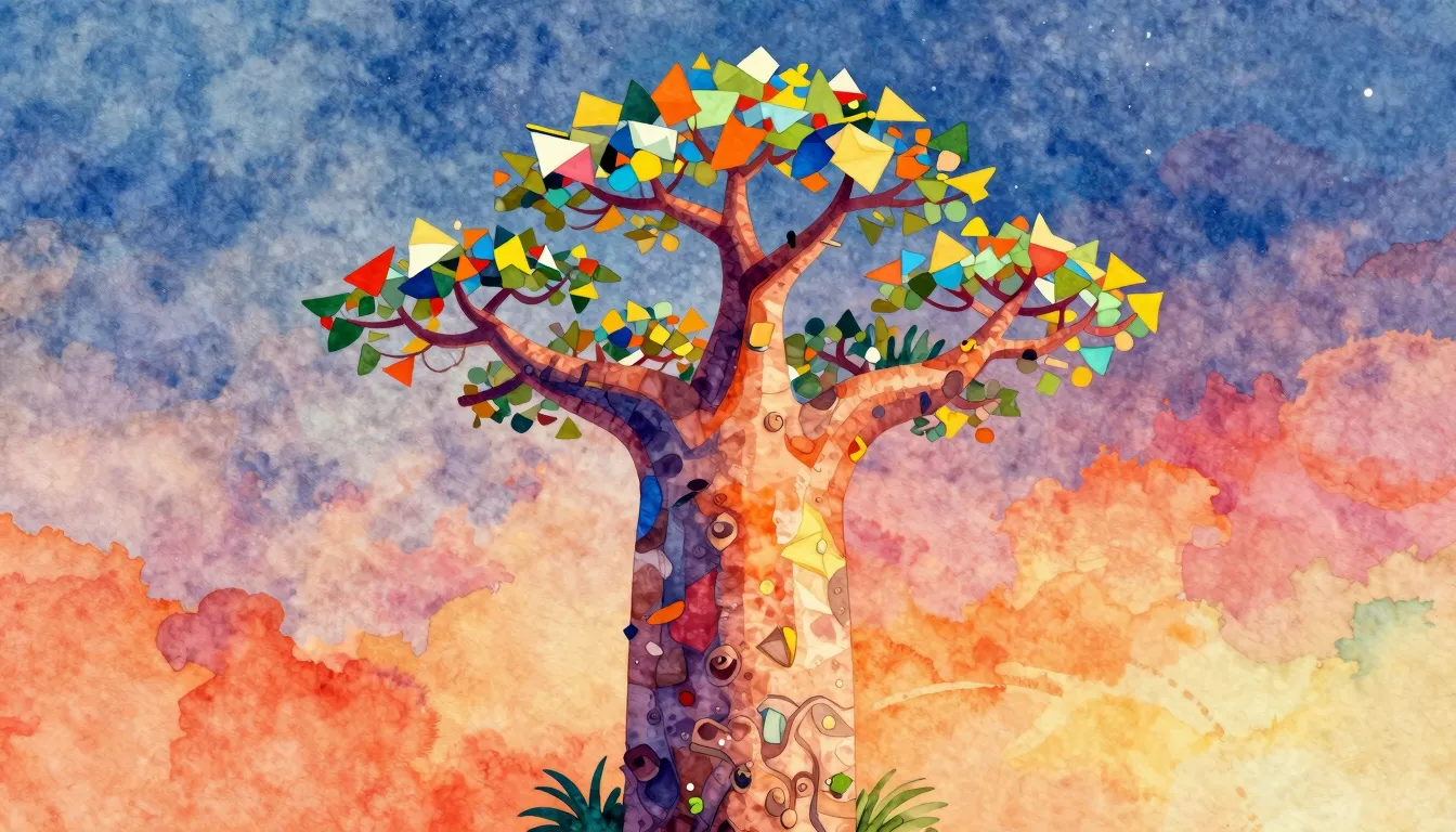 Vibrant watercolor style. A vibrant, surreal baobab tree, st...