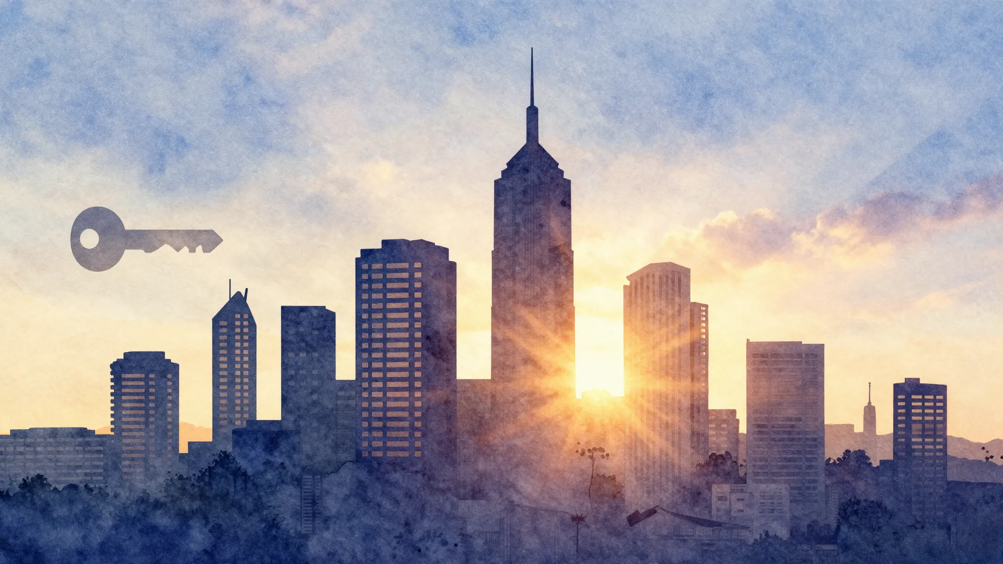 Watercolor style. Abstract silhouette of a city skyline with...