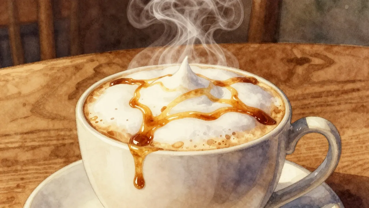 Watercolor style. A steaming cup of coffee with a thick foam...