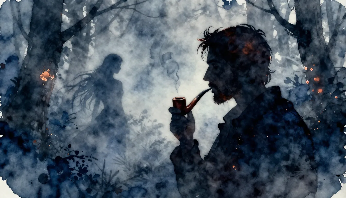 Watercolor style. A silhouette of a man smoking a pipe in a ...