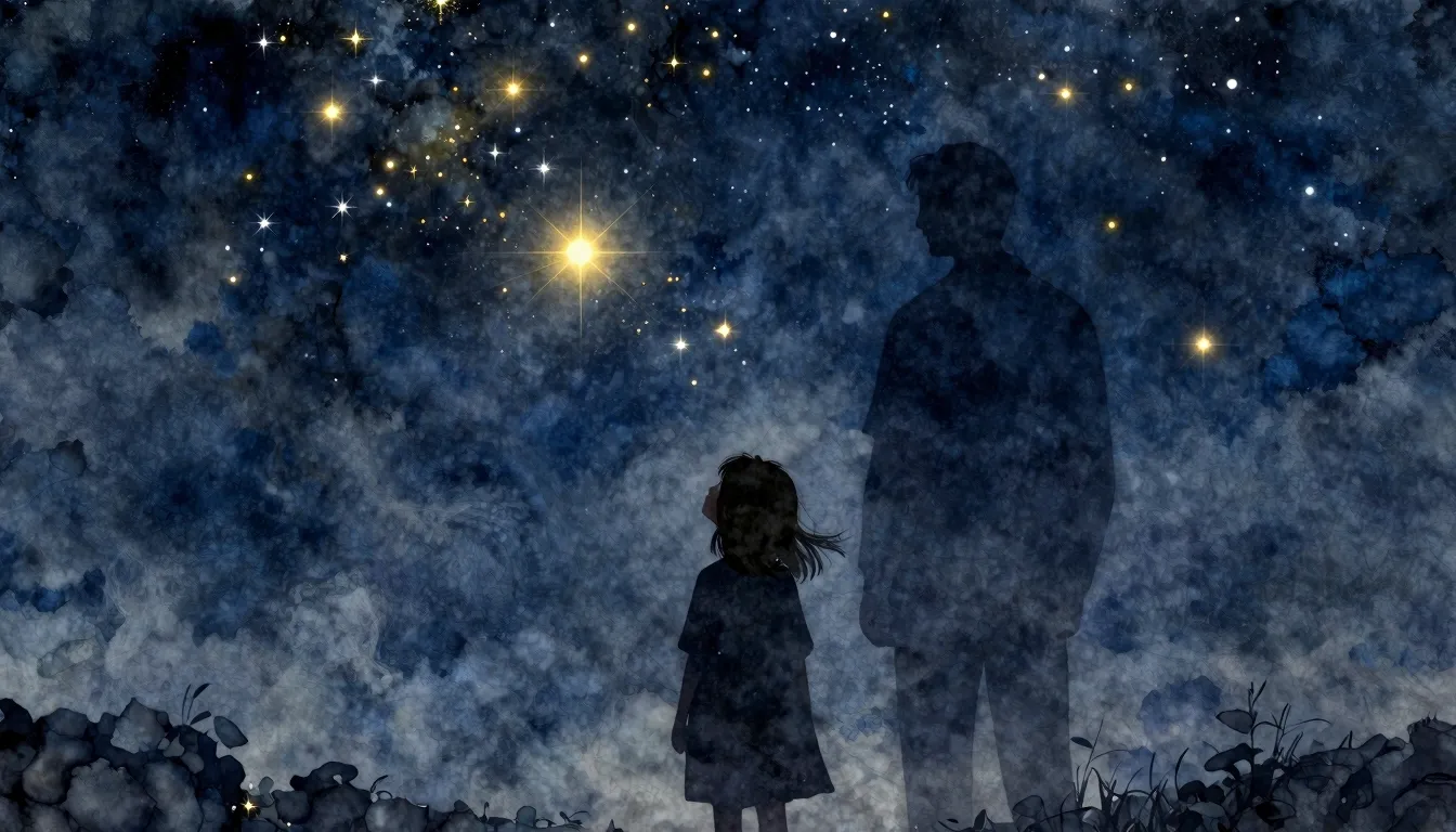 Watercolor style. A silhouette of a girl looking up at a vas...