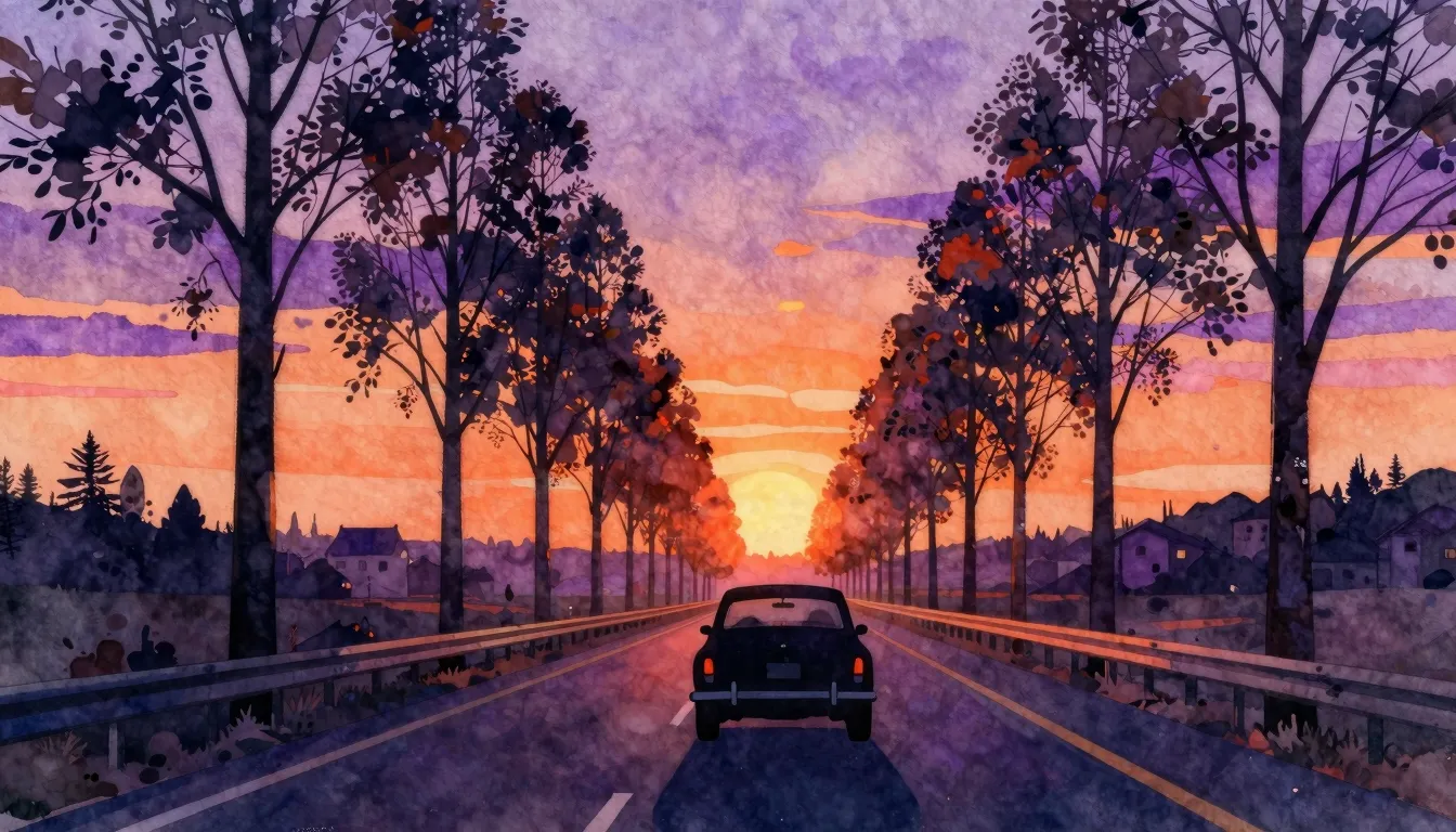 Watercolor style. A silhouette of a retro car driving on a h...