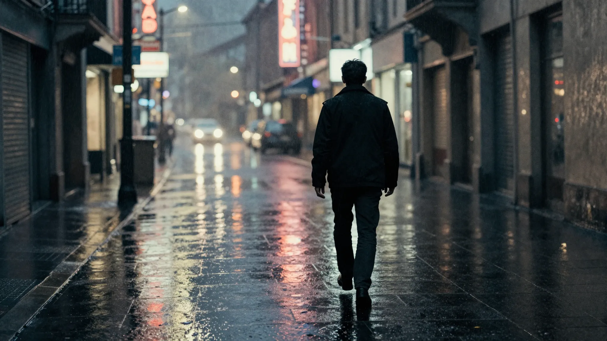 Watercolor style. A silhouette of a man walking away down a ...