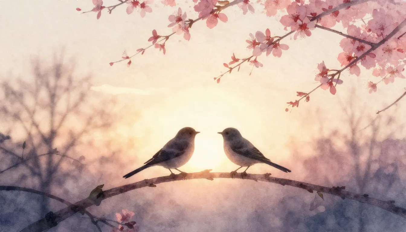 Watercolor style. Beautiful spring morning dawn, warm sunlig...