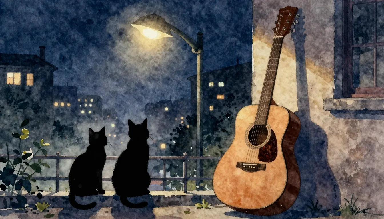 Watercolor style. Silhouette of two cats sitting on a fence ...