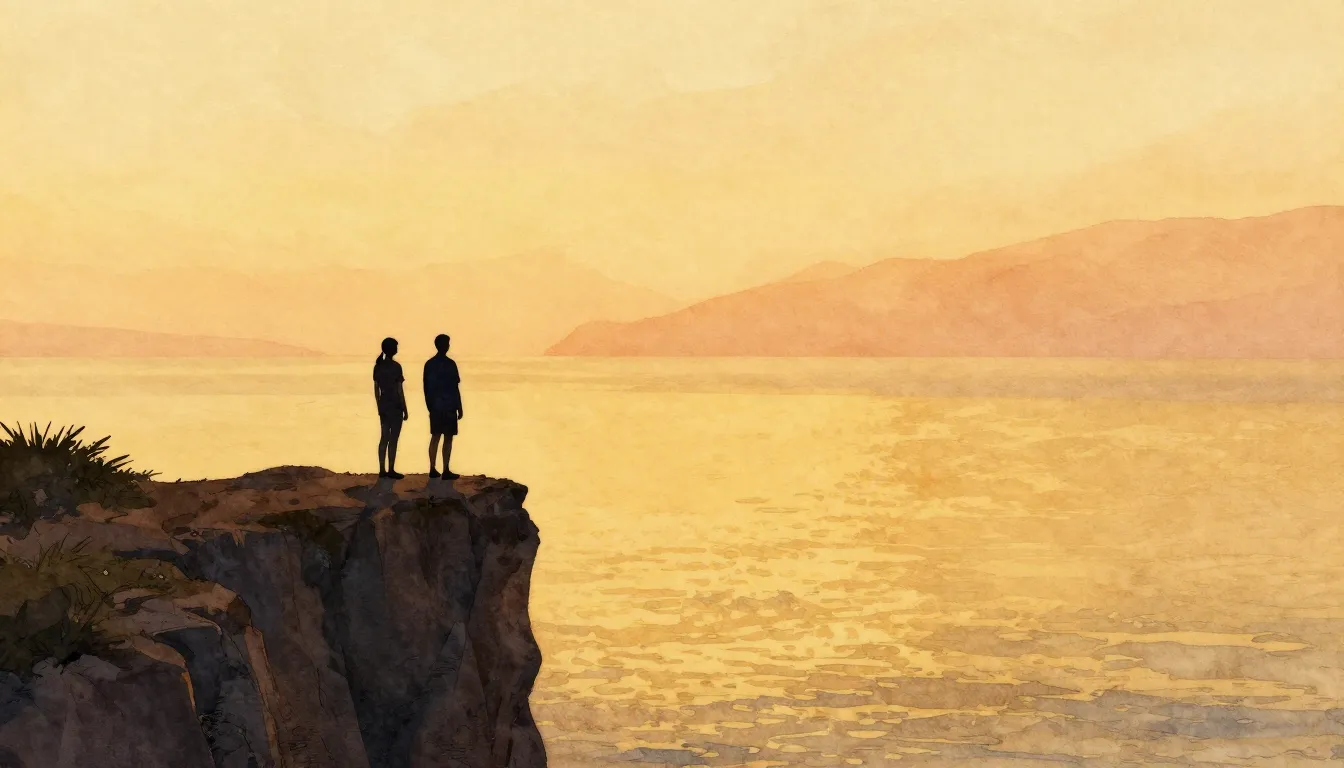 Watercolor style. A silhouette of two people standing on a c...