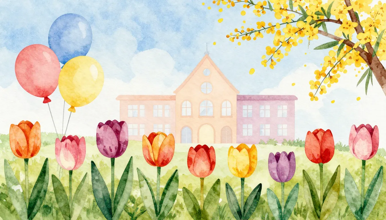 Watercolor style. Bright spring flowers, tulips and mimosas,...