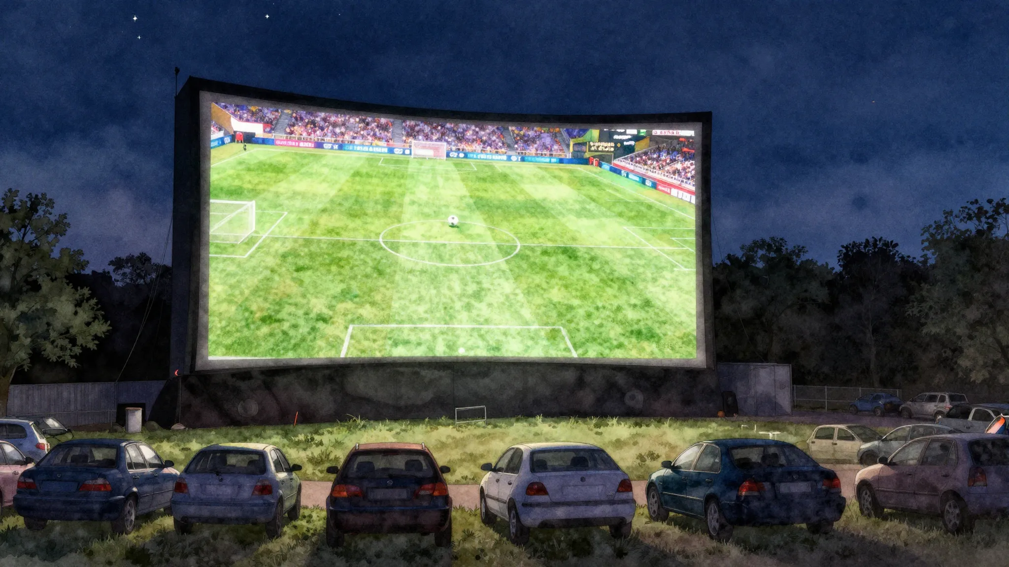 Watercolor style. Large outdoor cinema screen displaying a g...