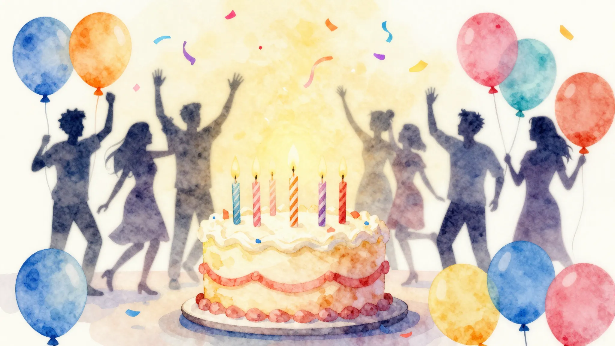 Watercolor style. A funny birthday party scene with balloons...