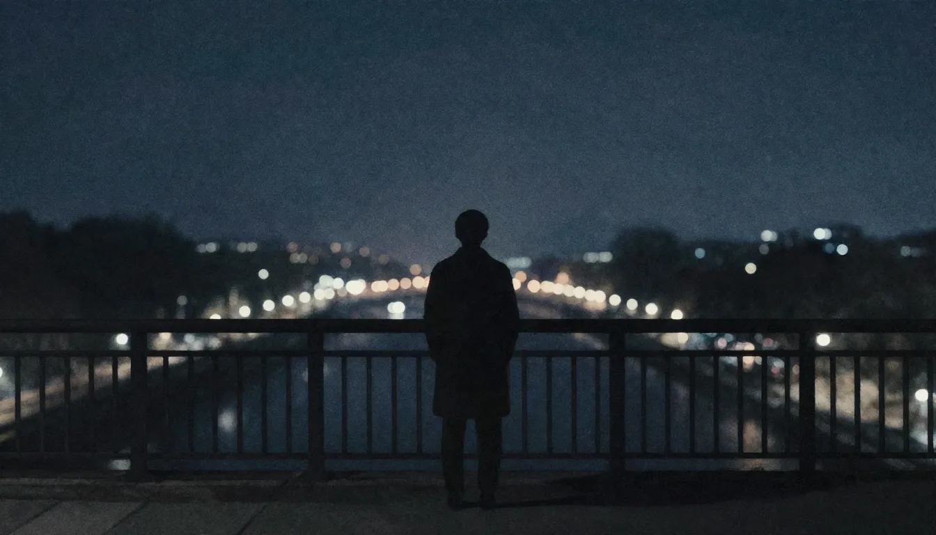 Watercolor style. A dark silhouette of a person standing alo...