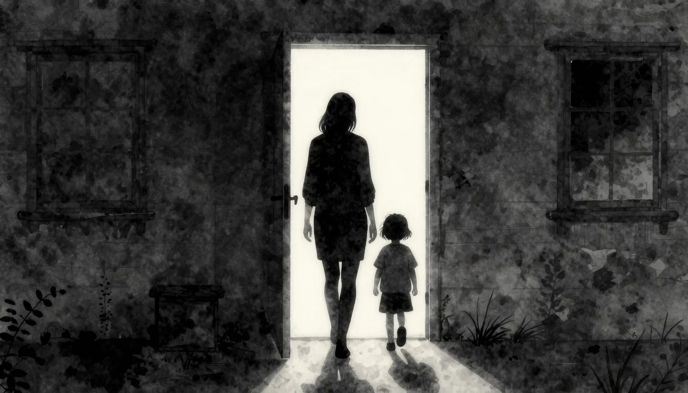 Watercolor style. A dark silhouette of a woman and two child...
