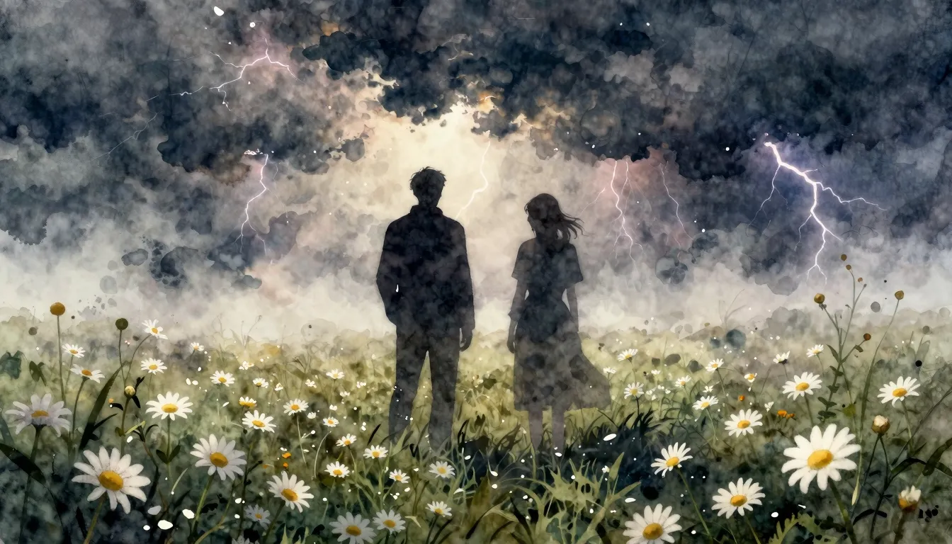Watercolor style. Silhouettes of two figures standing in a f...