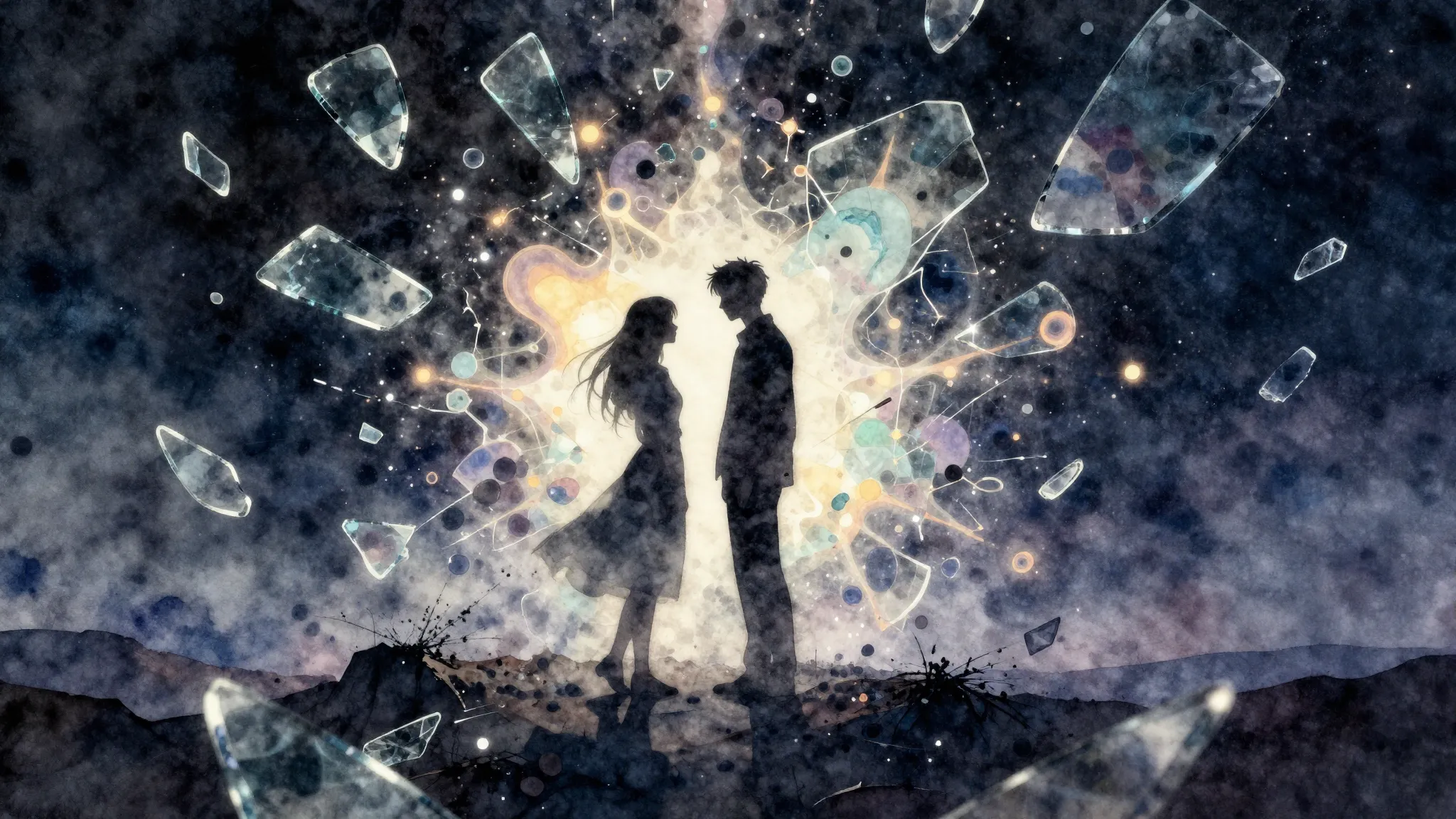 Watercolor style. Silhouette of two people standing close in...