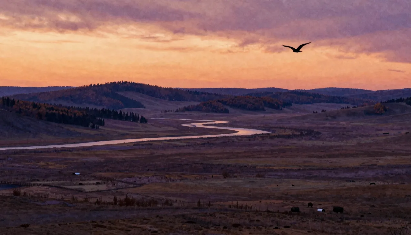 Watercolor style. A vast steppe landscape at sunset, silhoue...
