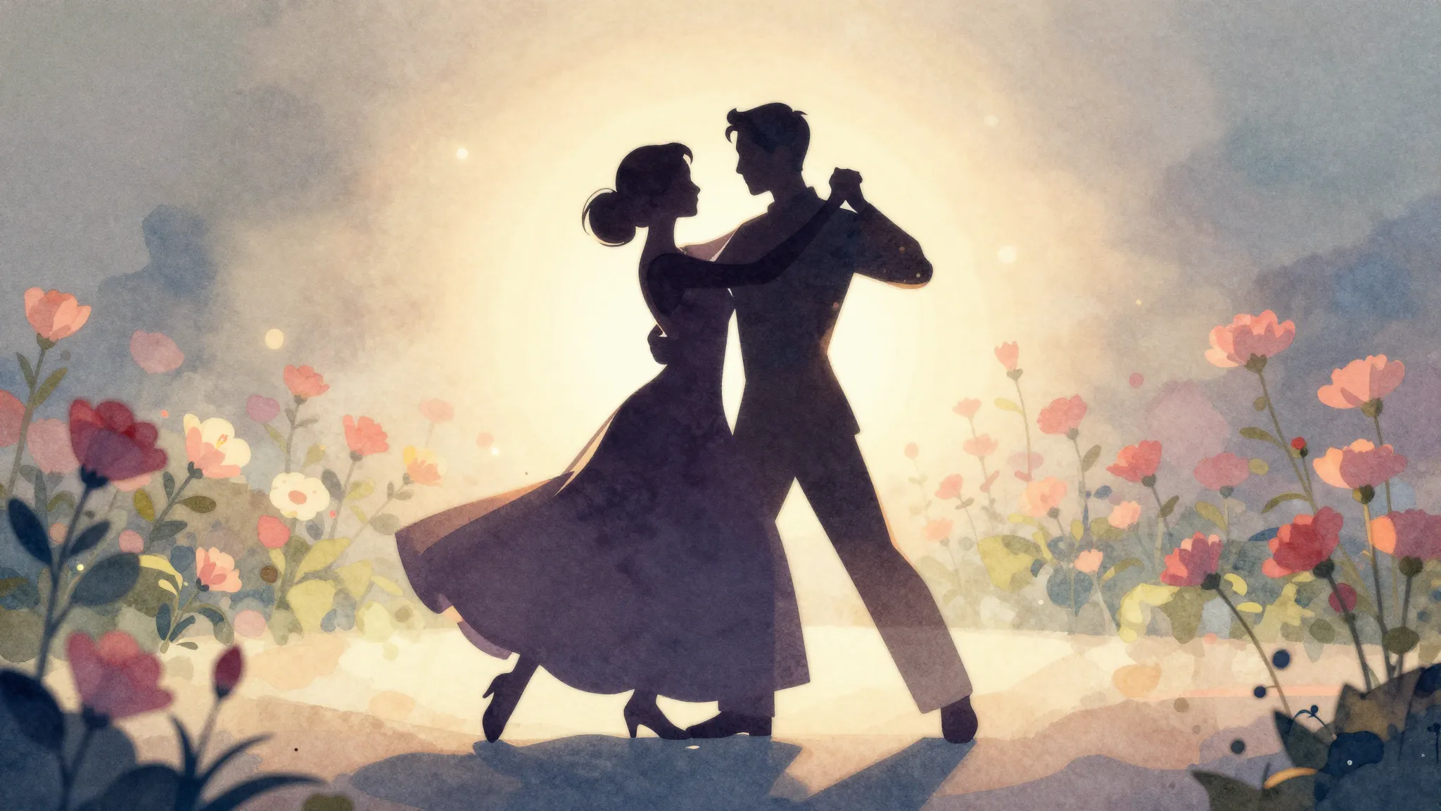Watercolor style. A silhouette of a couple dancing a waltz a...