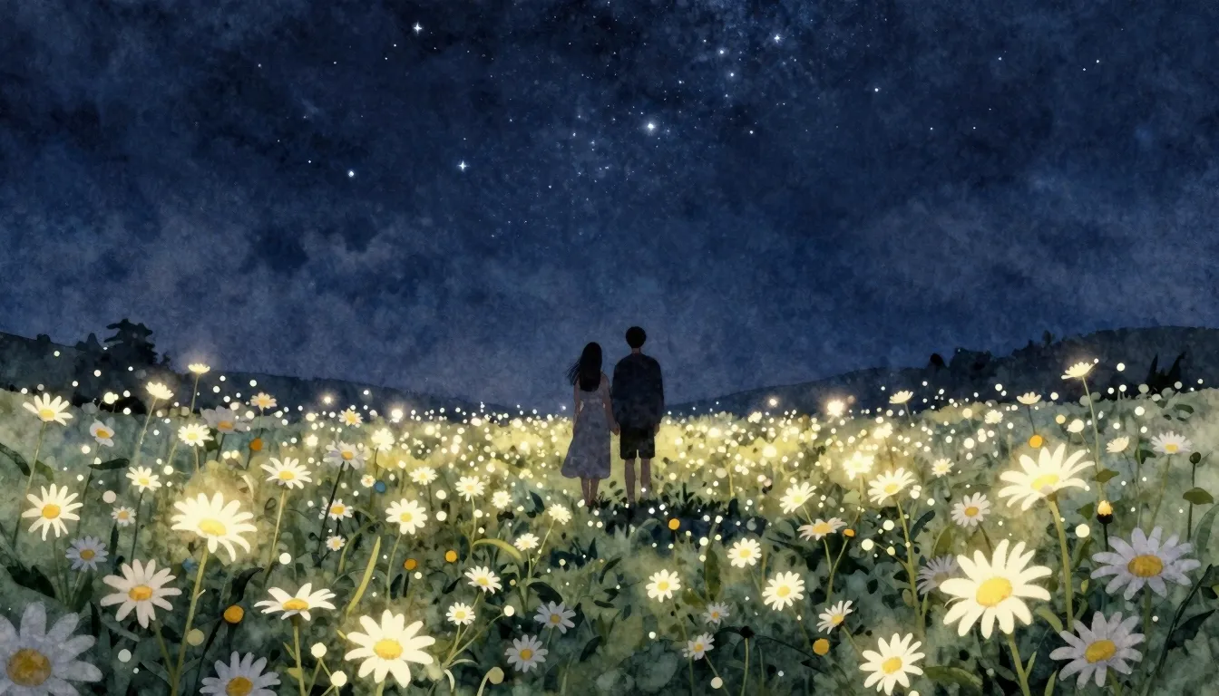 Watercolor style. A silhouette of a couple standing in a vas...