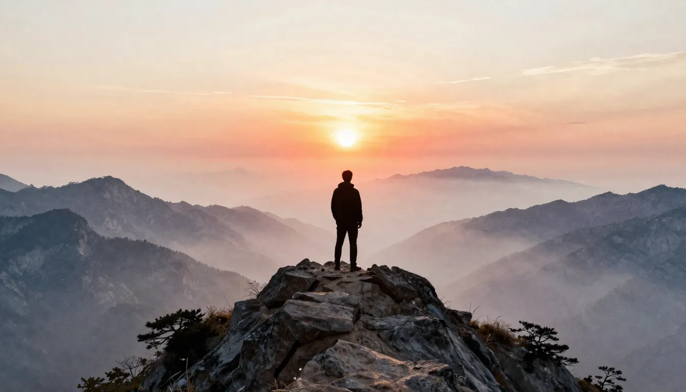 Watercolor style. A silhouette of a figure standing on a hig...