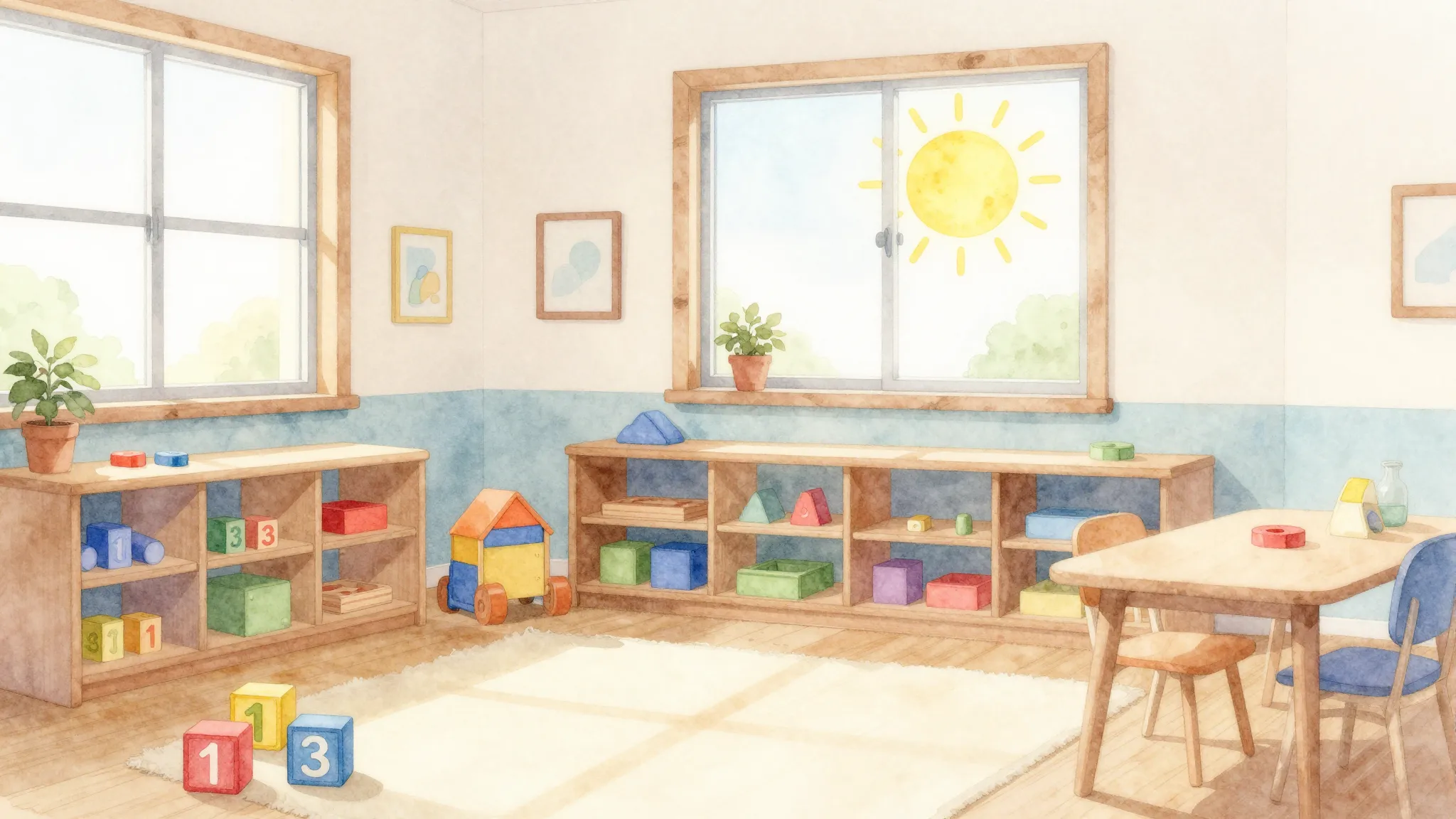 Watercolor style. A cozy kindergarten playroom with colorful...