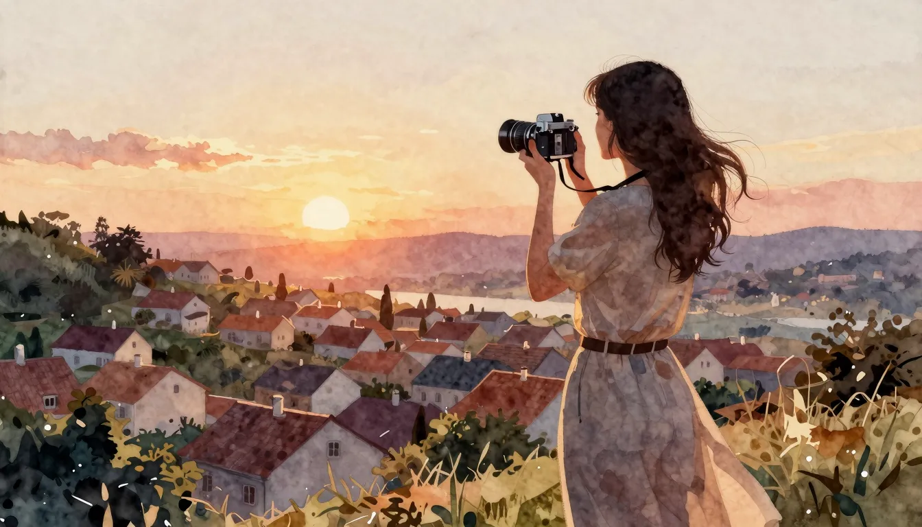 Watercolor style. A silhouette of a woman holding a vintage ...