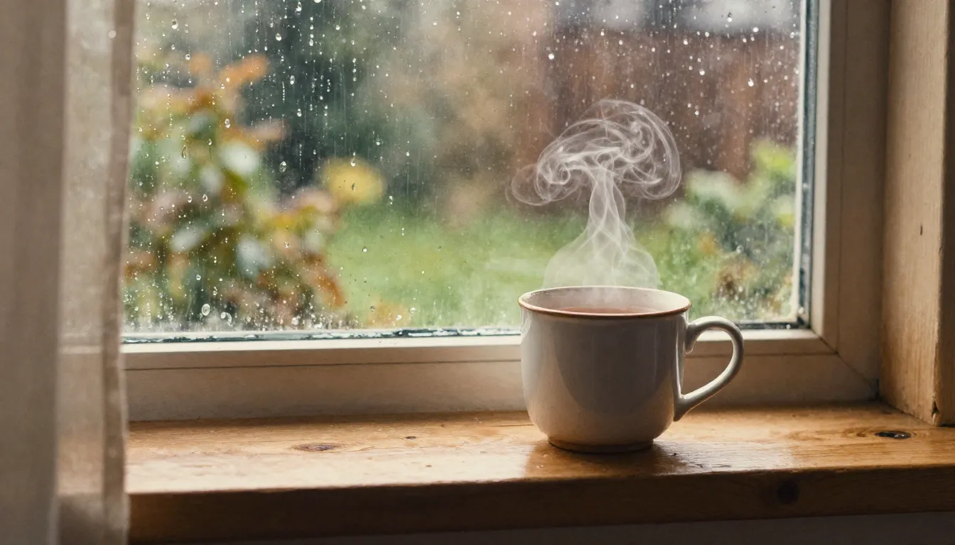 Watercolor style. Cozy window view with raindrops on the gla...