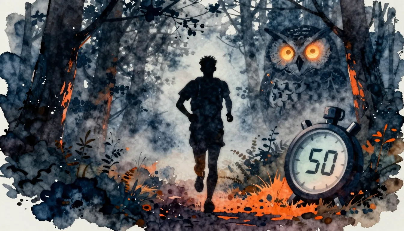 Watercolor style. Silhouette of a trail runner in a misty ni...