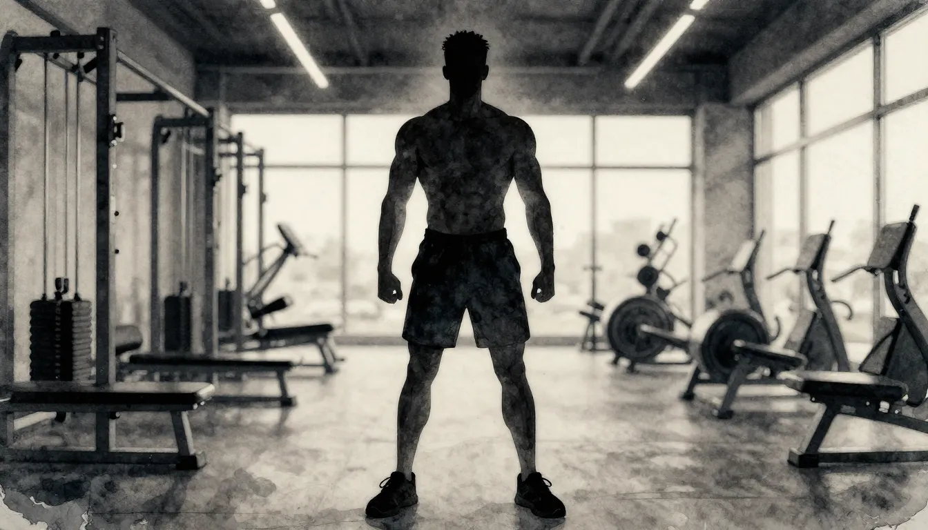 Watercolor style. A dark silhouette of a muscular man standi...