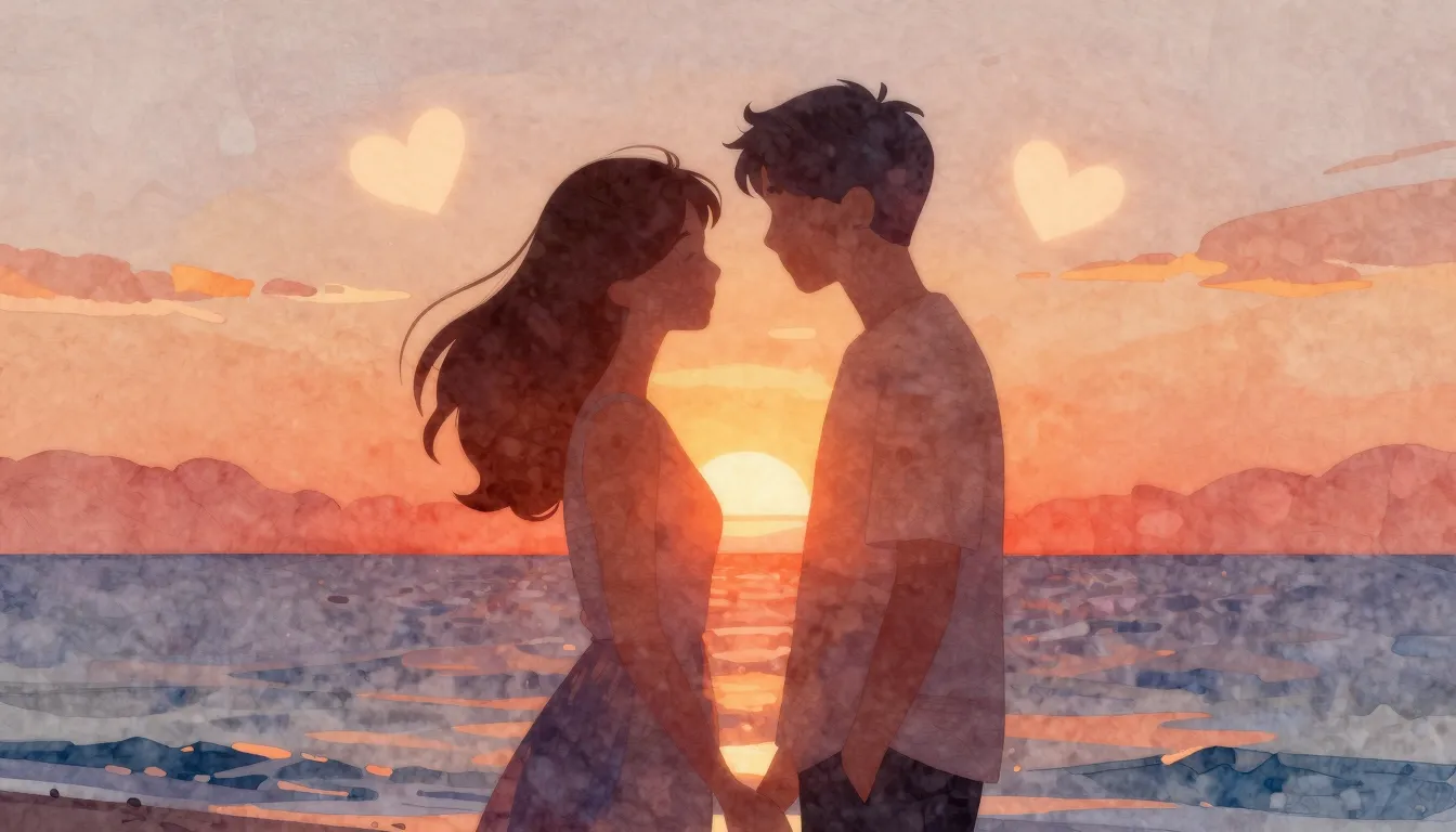 Watercolor style. Two abstract silhouettes of lovers merging...