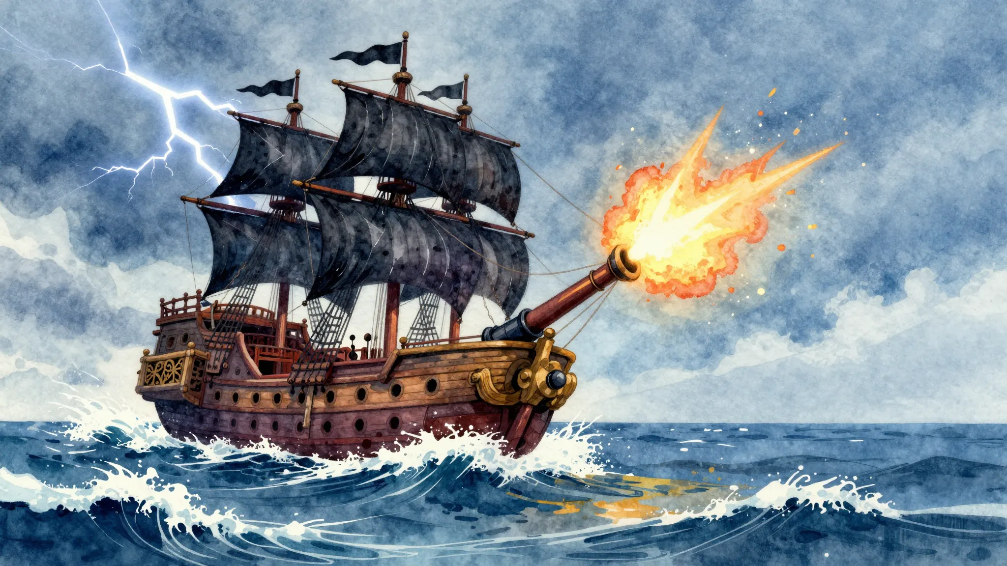 Vibrant watercolor style. Rock album cover, pirate ship in a...