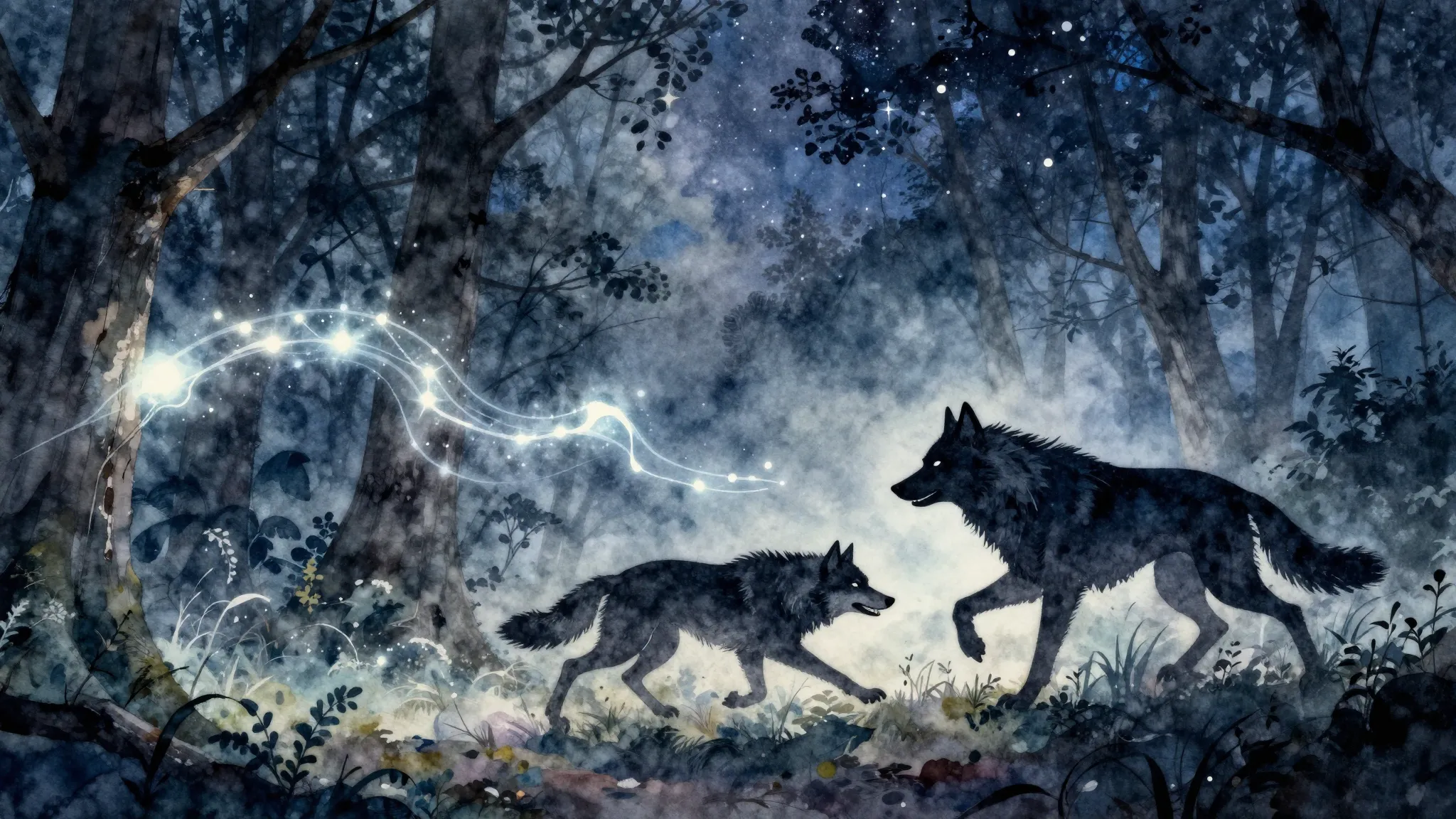 Watercolor style. Silhouette of a wolf chasing another wolf ...