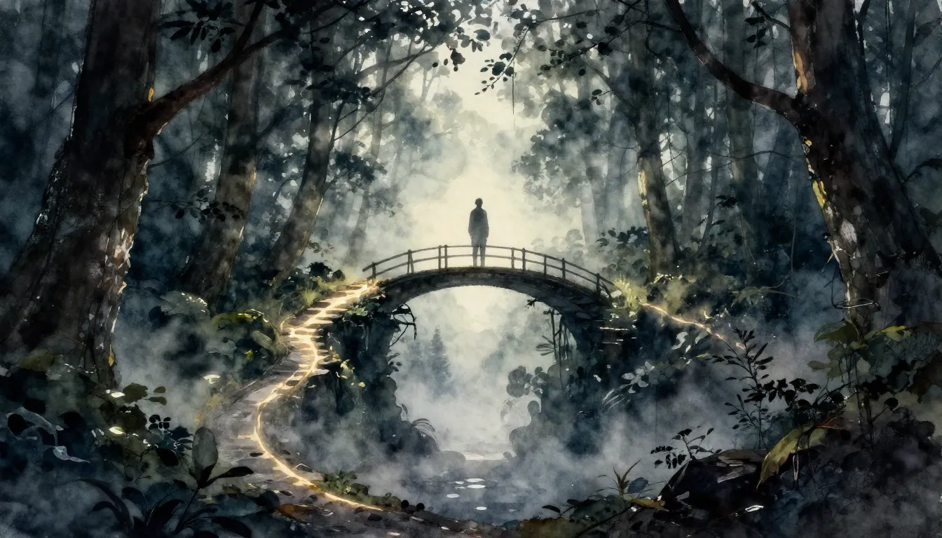 Watercolor style. A dark mystical forest with a glowing path...