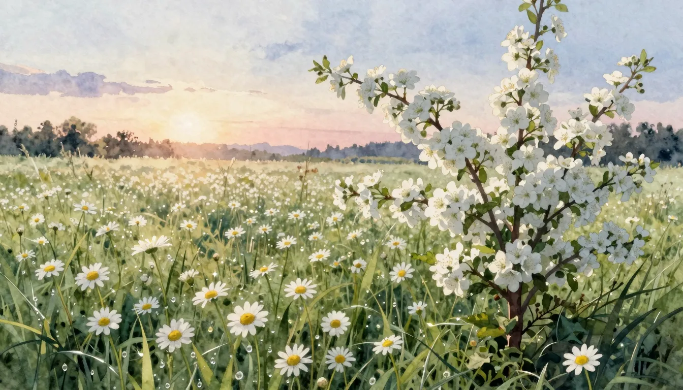 Watercolor style. A vast field of chamomile and plantain lea...