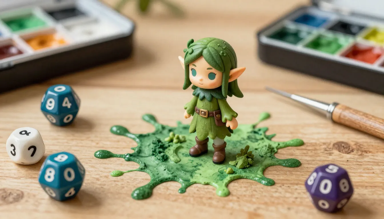 Watercolor style. A miniature forest elf figure standing on ...