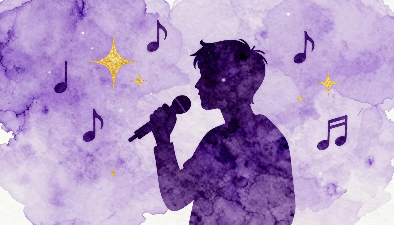 Watercolor style. A silhouette of a person holding a microph...